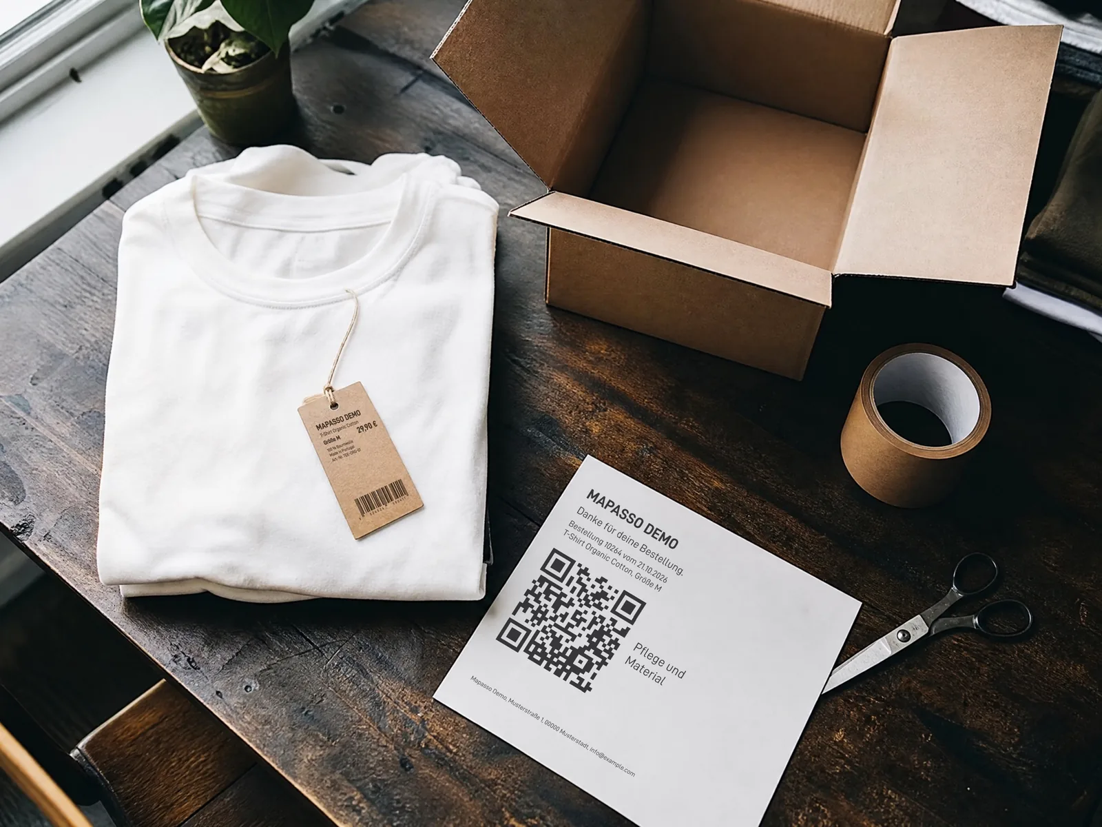 KI-generiertes Bild: Packtisch mit gefaltetem T-Shirt und Hangtag, Versandkarton, Klebeband, Schere und einer Beilegekarte von „Mapasso Demo“ mit QR-Code und dem Text „Pflege und Material“