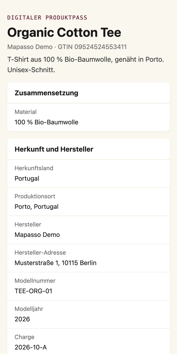 Öffentliche Pass-Seite eines Musterprodukts am Handy: Organic Cotton Tee mit Material, Herkunft und Hersteller